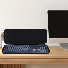 Lebakort case on desk in travel setup protecting keyboard