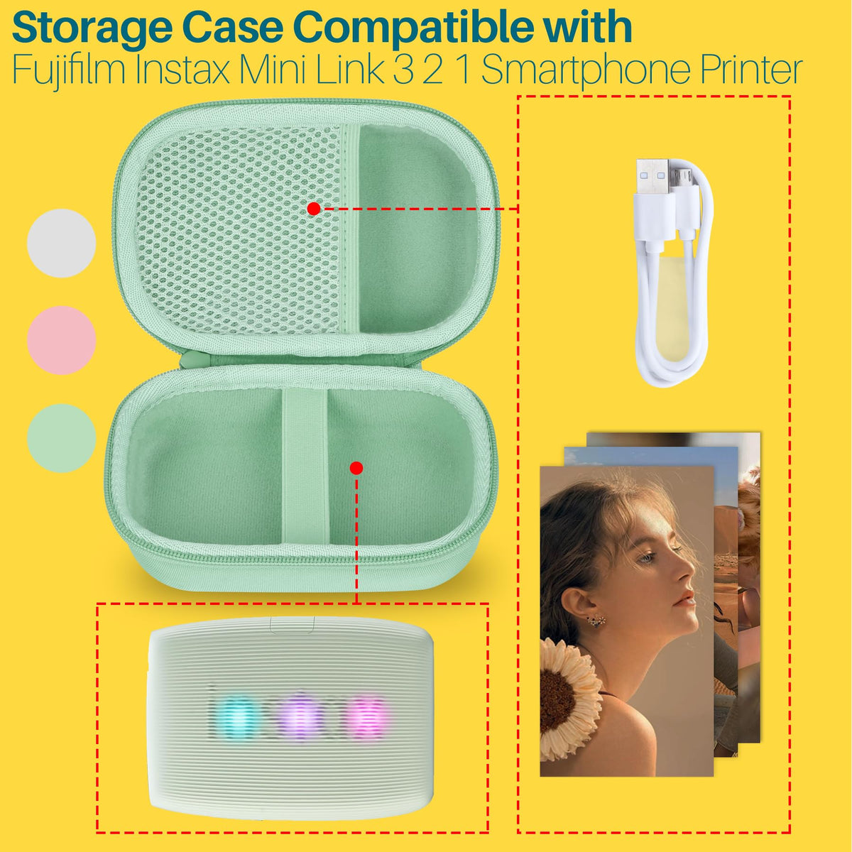 Lebakort Sage Green case elastic strap securely holds the Instax Mini Link 3.