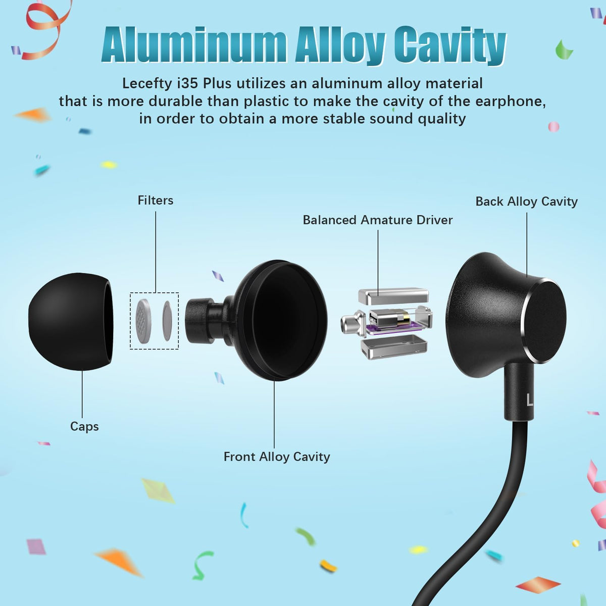 Lecefty earbud close-up revealing balanced armature detail for clearer sound