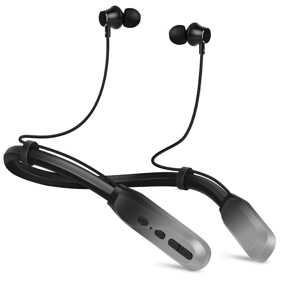 Lecefty neckband front view showing sleek design and controls for comfortable wear