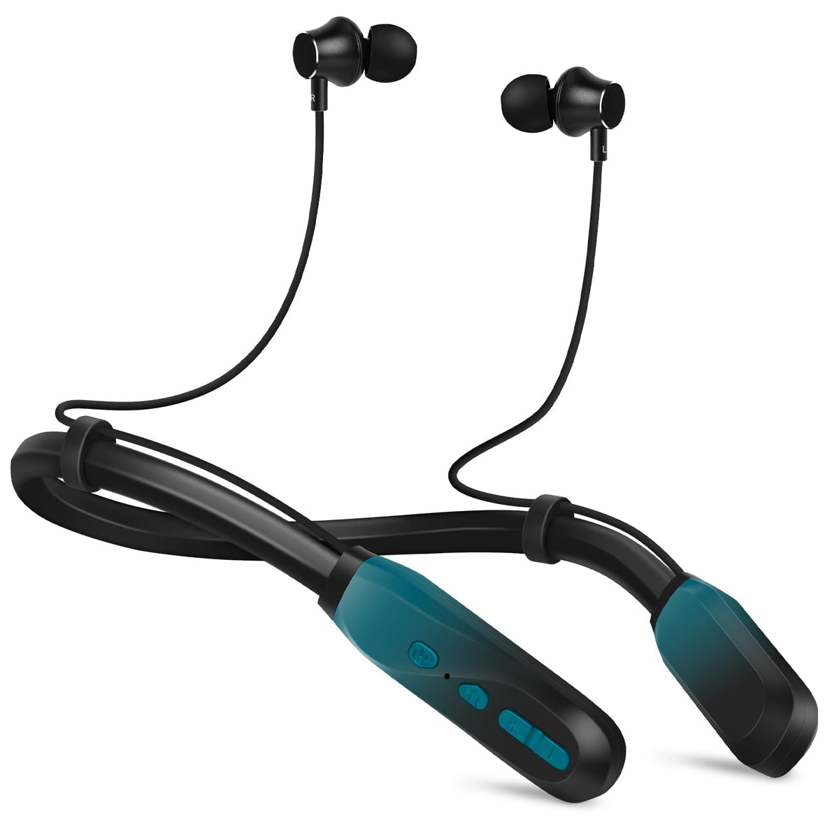 Lecefty neckband front view showing cyan green finish and controls for easy access