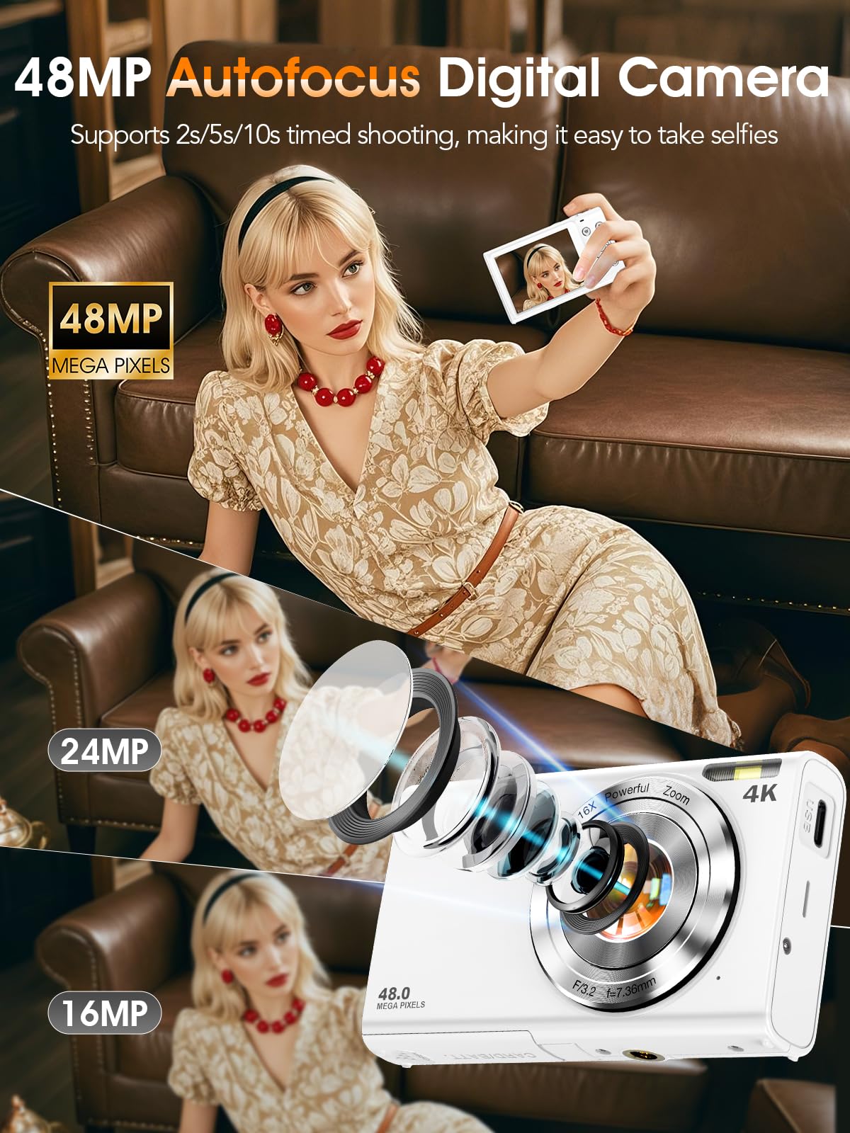 Lecnippy digital camera displaying 48MP photo mode for vibrant stills.