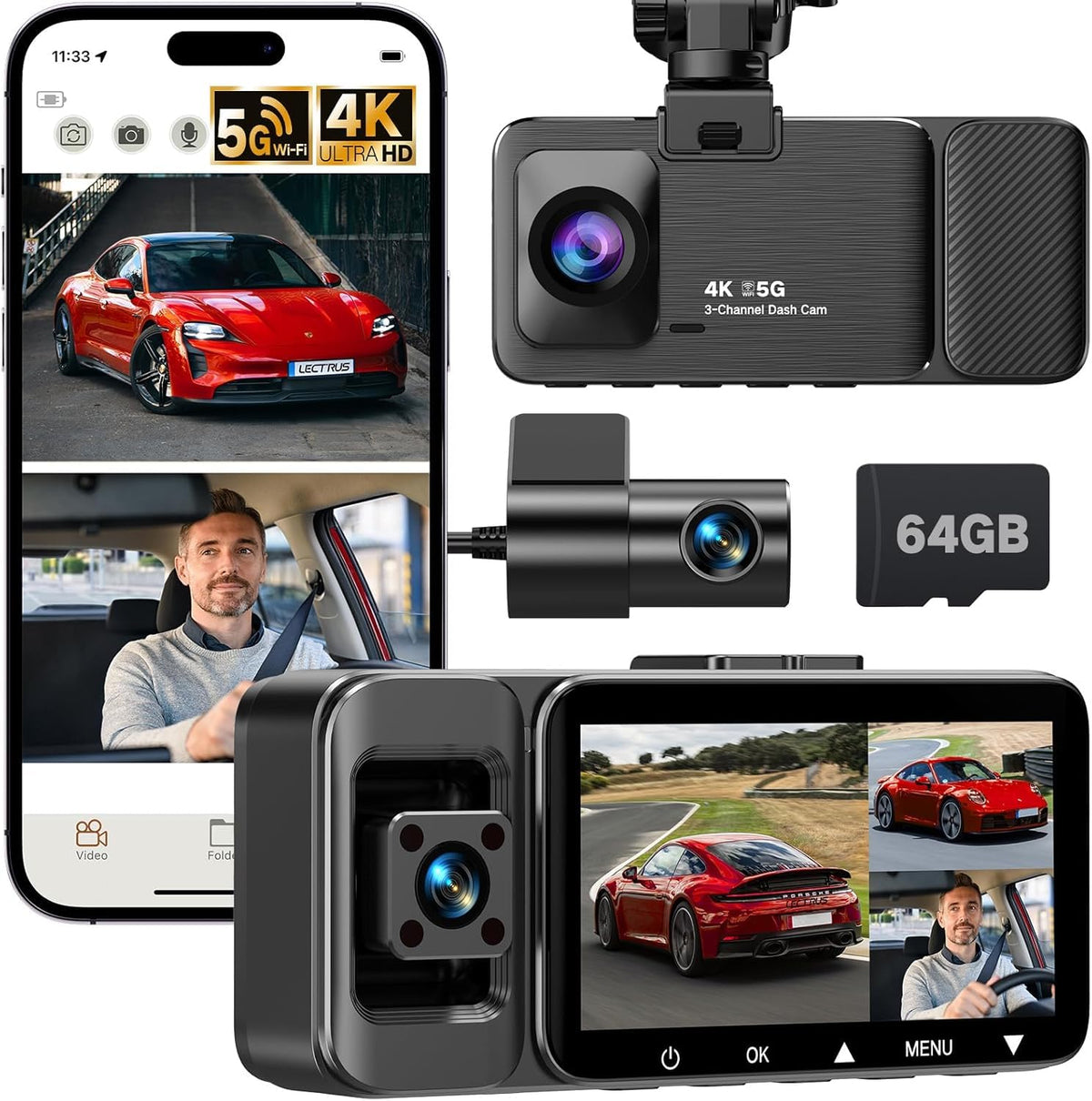 Lectrus 4K dashcam front view capturing sharp road details for safer driving.