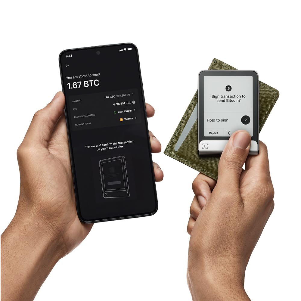 Ledger Flex touchscreen signing closeup highlights secure E Ink display.