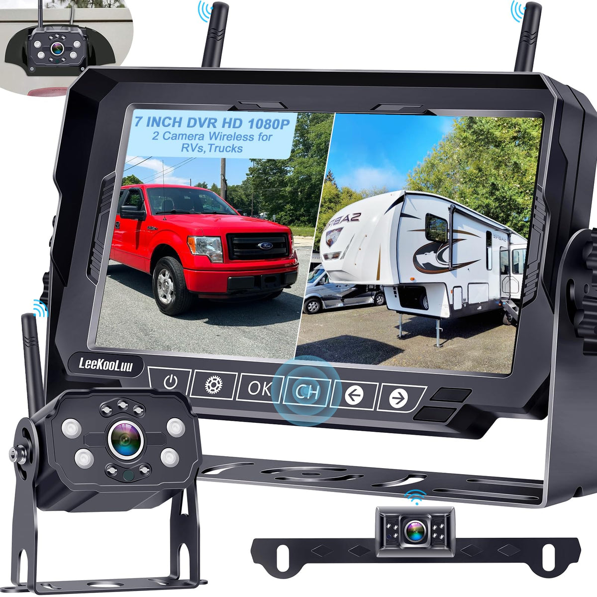 LeeKooLuu HD1080P 7-Inch RV front view camera for easy backing and daytime visibility.