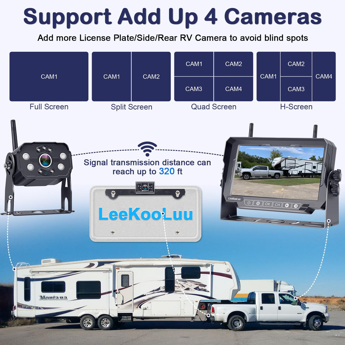 LeeKooLuu HD1080P 7-Inch RV rear view camera with night vision for safe parking.