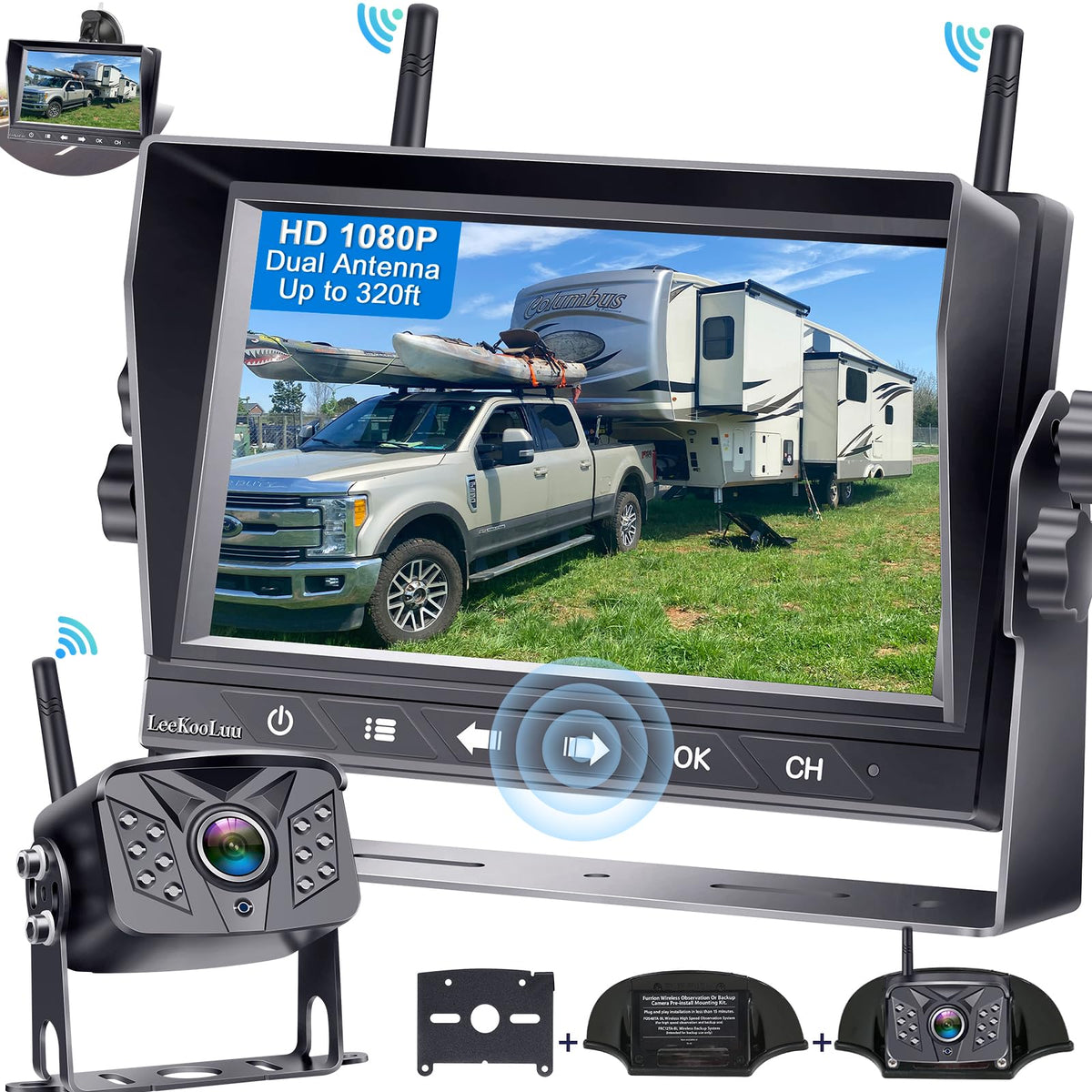LeeKooLuu HD 1080P 7-Inch backup camera front view for clearer backing maneuvers