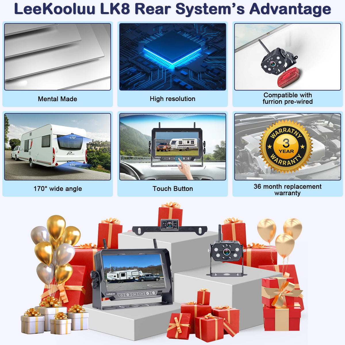 LeeKooLuu wide 170-degree view reduces RV blind spots.