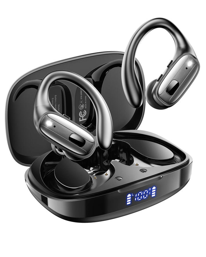 LEEMC earbuds front view showing compact case and earbuds for portable convenience