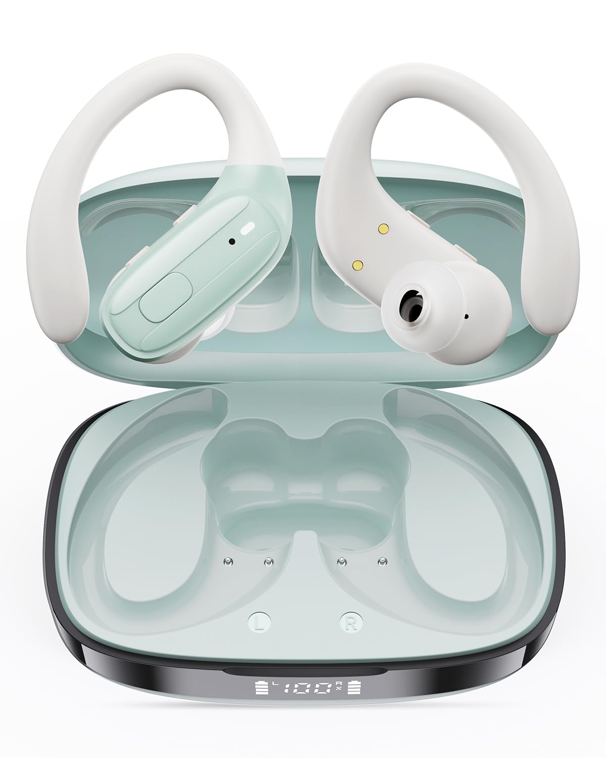 LEEMC green earbuds in open case showing LED battery display and compact design benefit