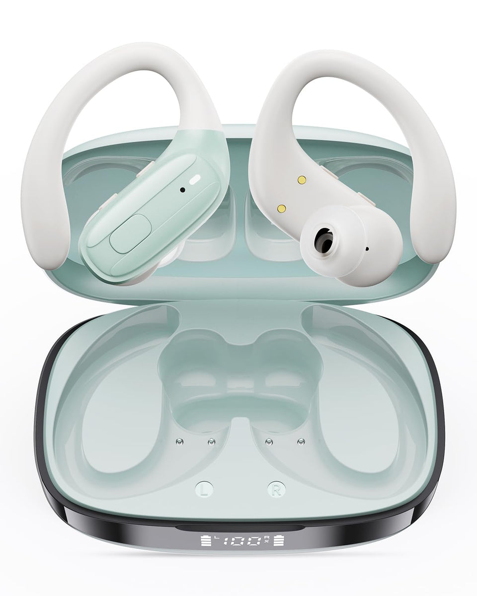 LEEMC green earbuds in open case showing LED battery display and compact design benefit