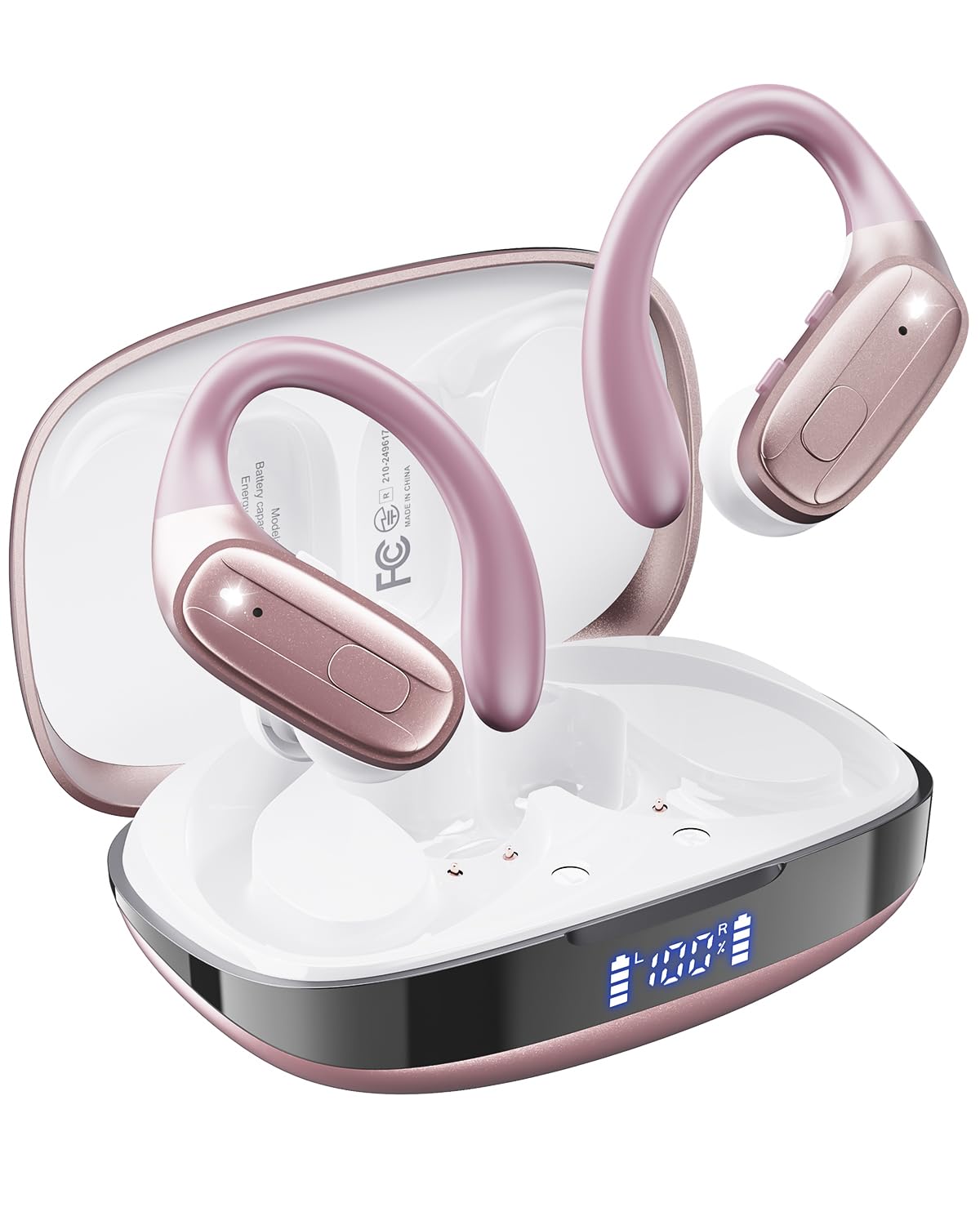 LEEMC S12 front packaging showing rosegold earbuds and benefits