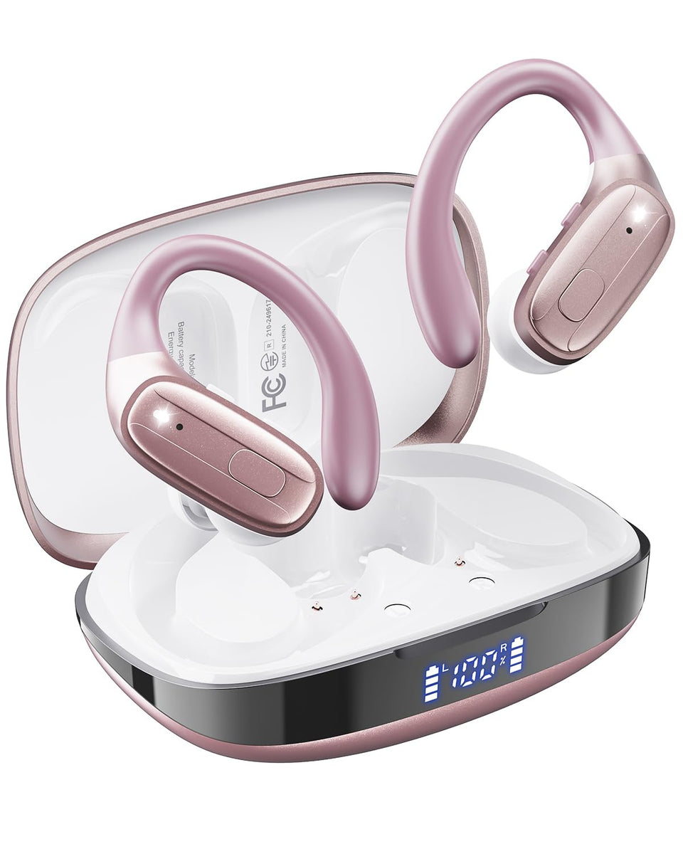 LEEMC S12 front packaging showing rosegold earbuds and benefits