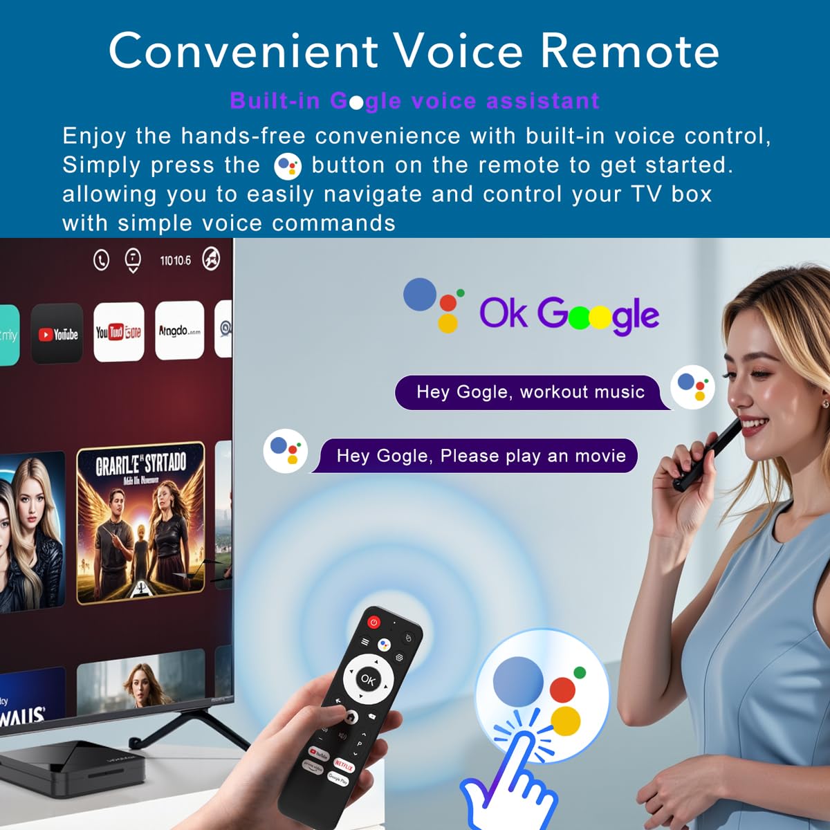 LEFFOT voice remote in hand enabling quick voice search