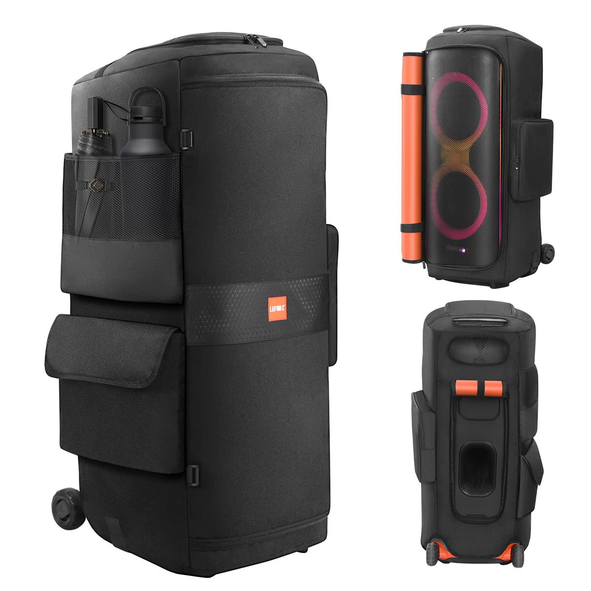 LEFOR·Z cover front view on JBL PartyBox 710 showing snug protection and easy transport