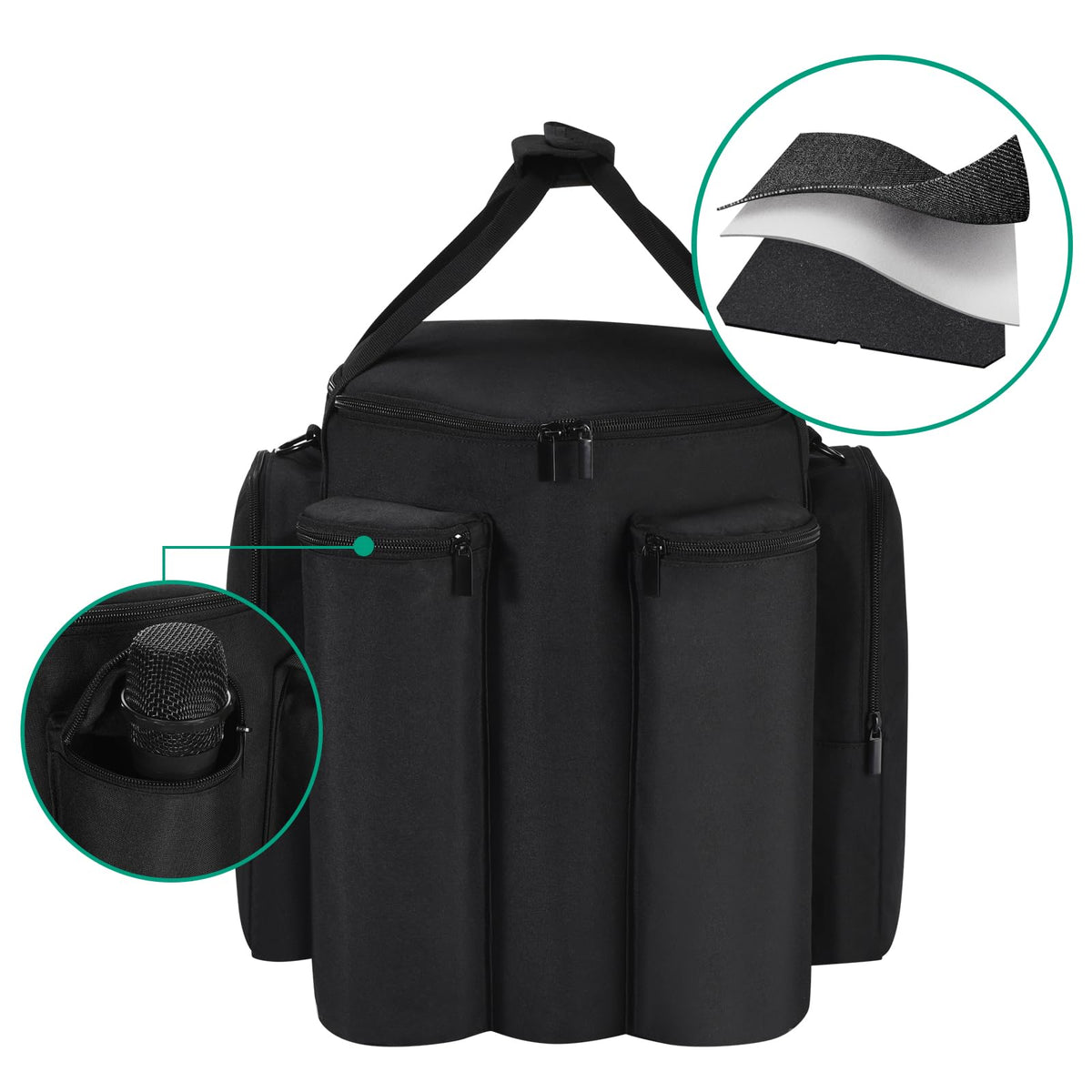 LEFOR·Z side pockets holding microphone charger and cables for organized transport