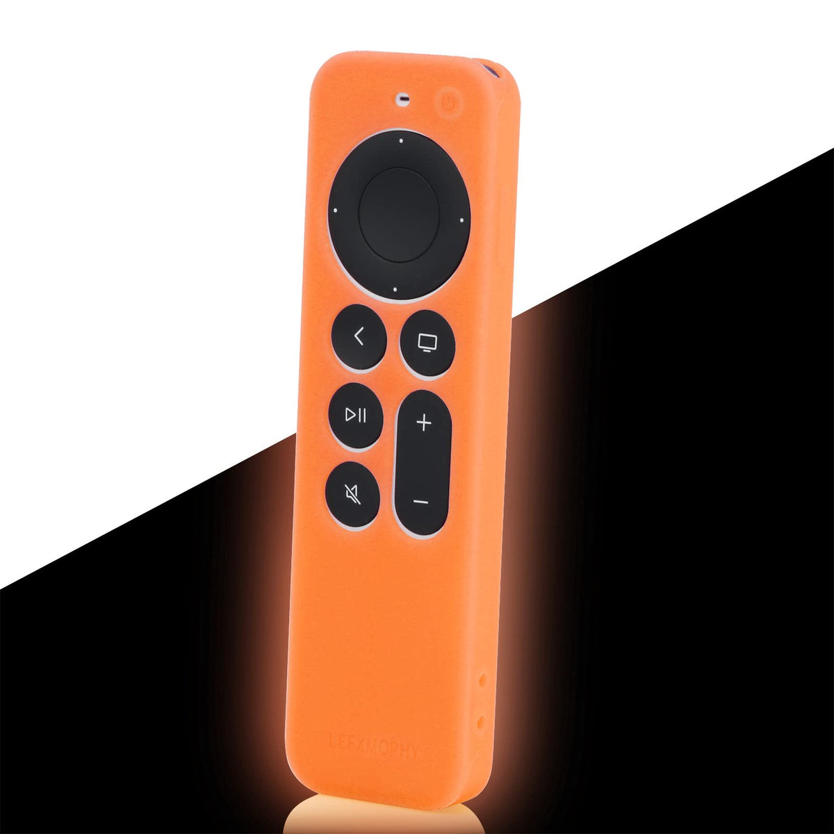 LEFXMOPHY silicone case for Apple TV remote glows orange and protects against slips.
