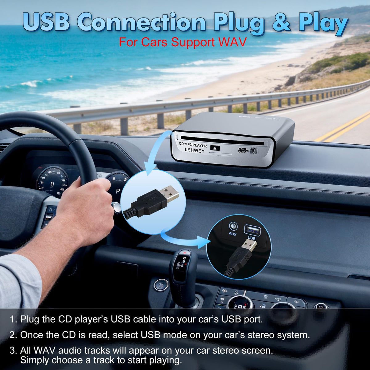 Lehwey anti-skip car CD player ensures smooth playback on rough roads.
