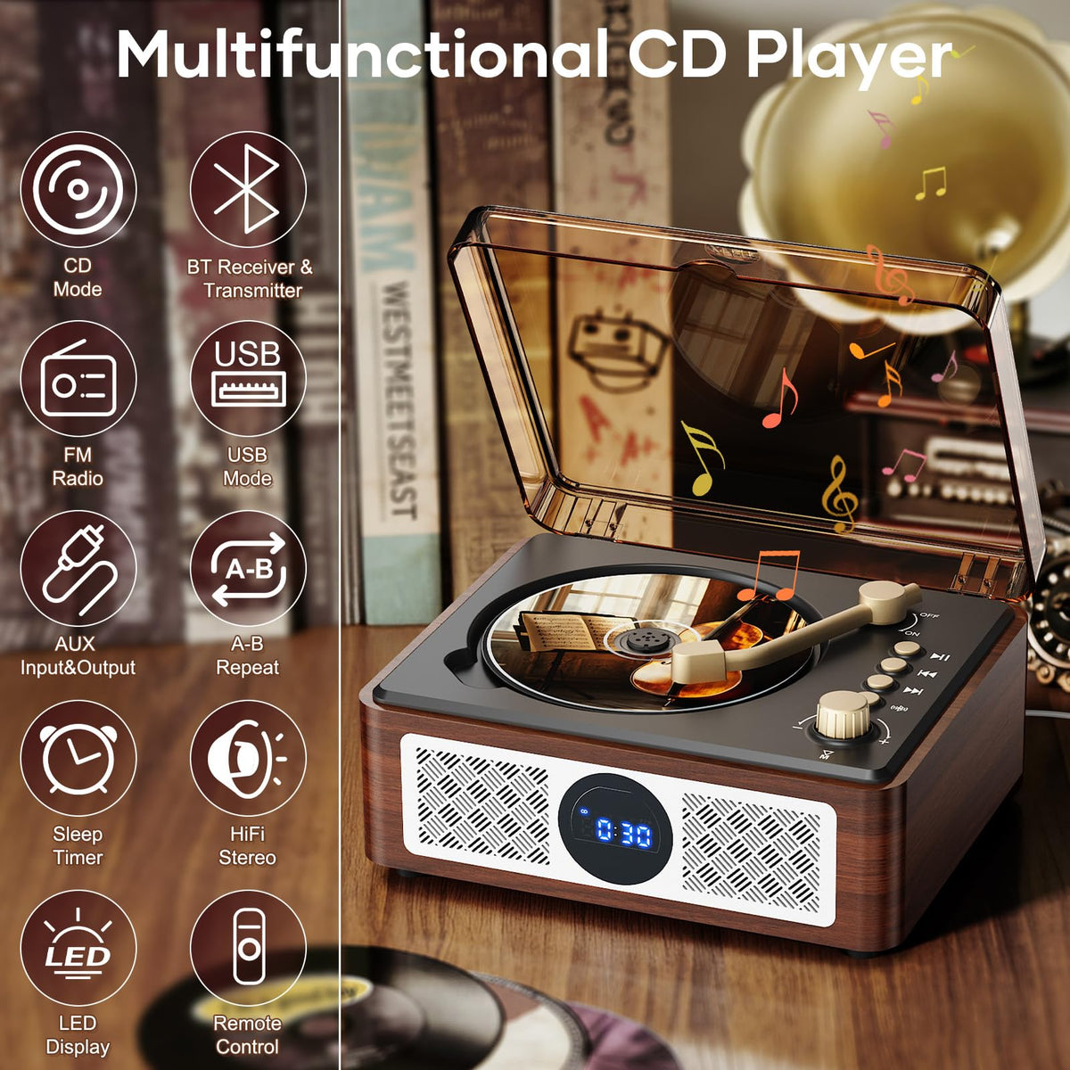 Lehwey close-up of CD tray and buttons, brand clarity for straightforward disc use
