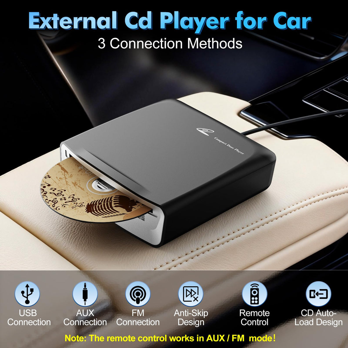 Lehwey external CD Player with AUX FM adapter fits most stereos.