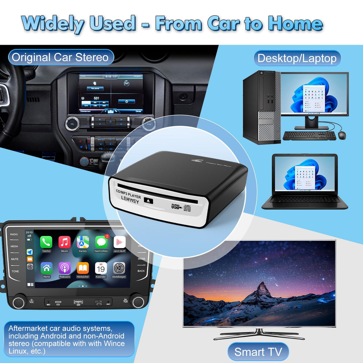Lehwey home and travel CD player for laptops and TVs.