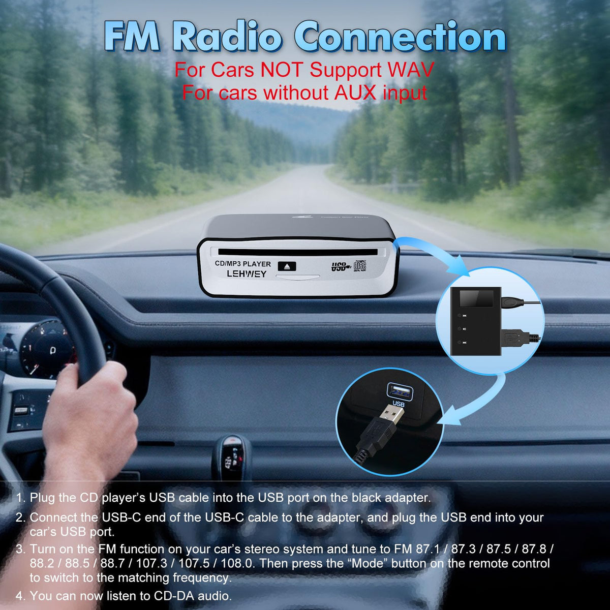 Lehwey plug-and-play USB CD keeps dash setup tidy.