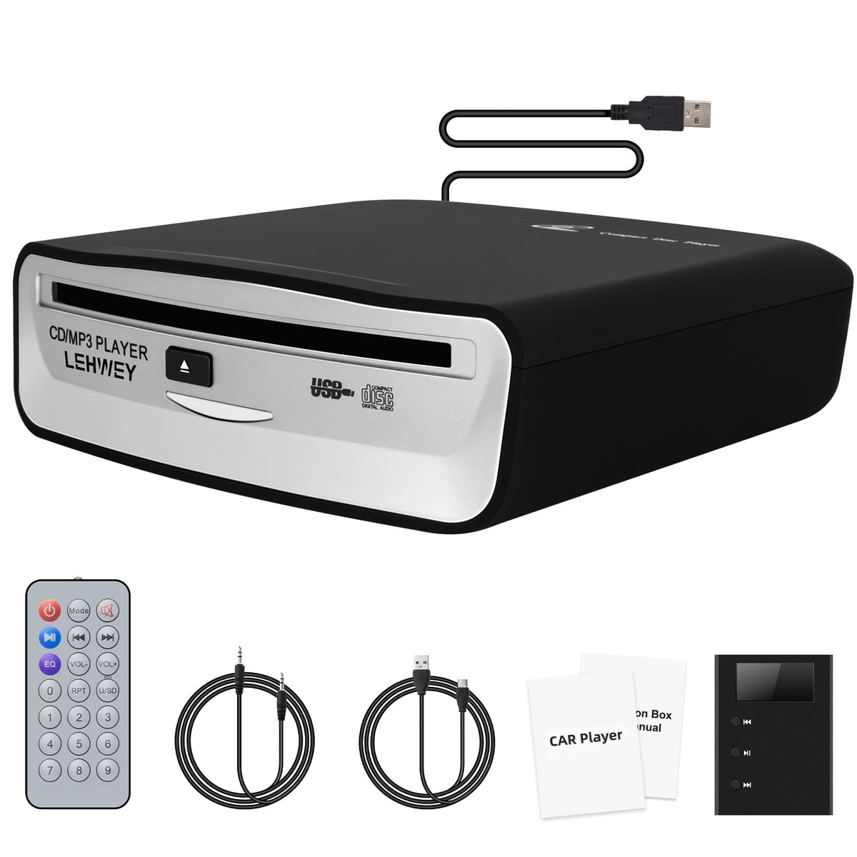 Lehwey USB CD Player for car enables quick plug-and-play music on the road.