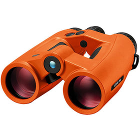 Leica Geovid Pro 10x42 Orange Edition close-up angle view highlighting ergonomic grip.