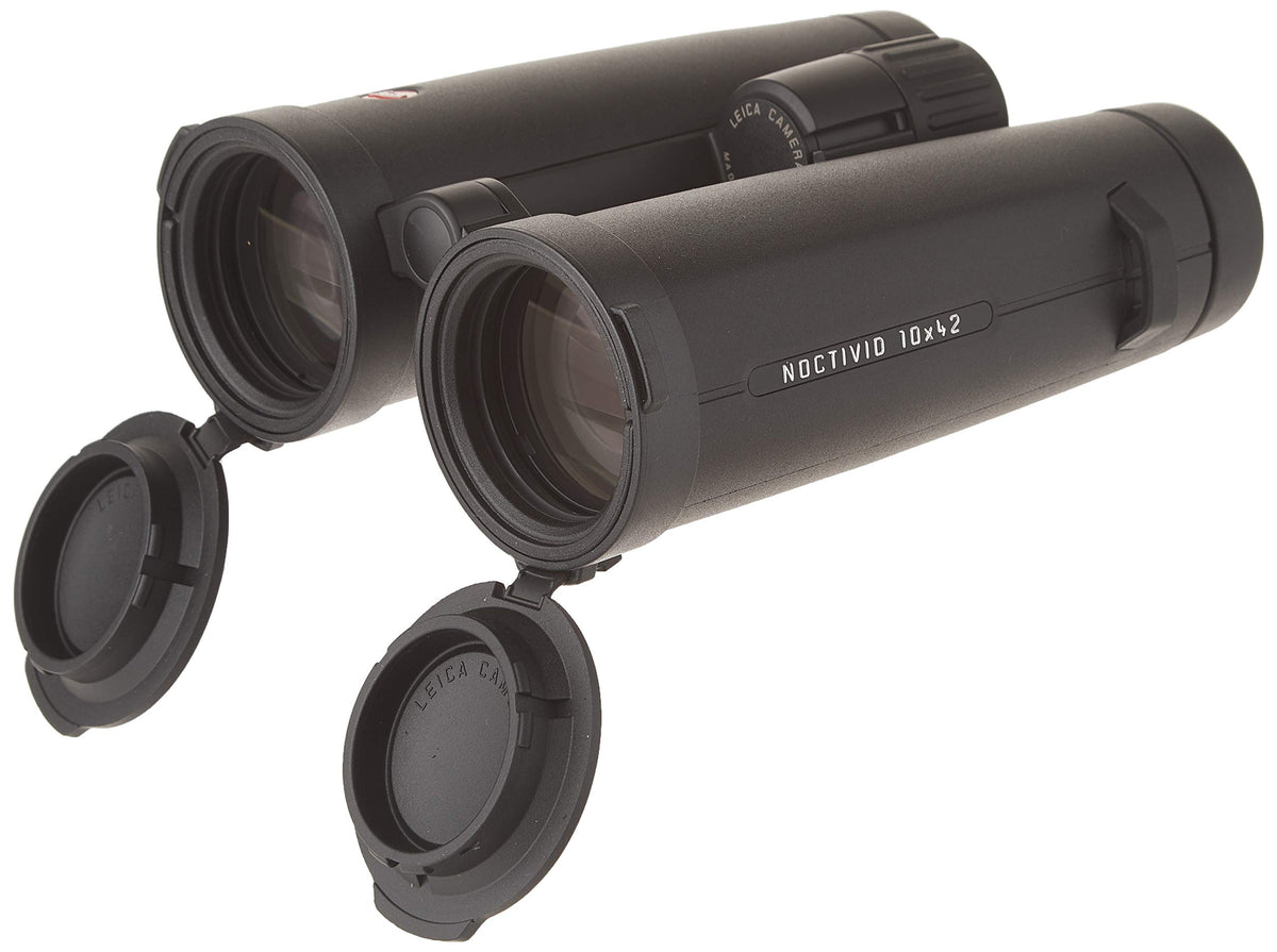 Leica Noctivid 10x42 front view showing rugged magnesium housing and precise optics.