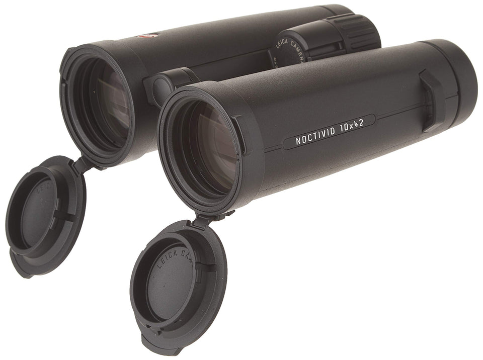 Leica Noctivid 10x42 front view showing rugged magnesium housing and precise optics.