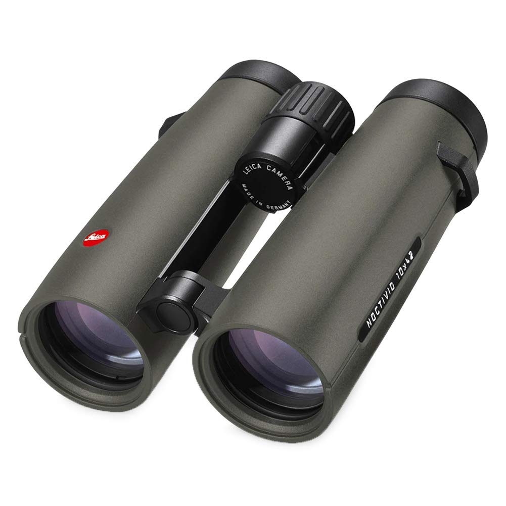 Leica Noctivid 10x42 olive-green in-hand view showing comfortable eye relief and sharp view