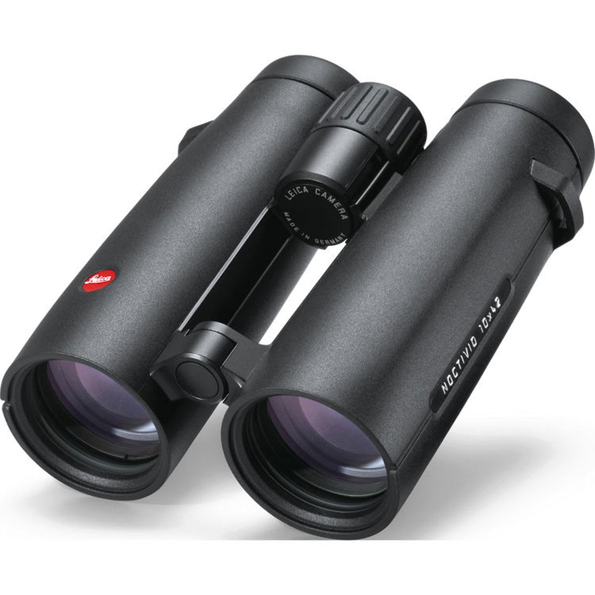 Leica Noctivid 10x42 side view with neoprene strap for field use.
