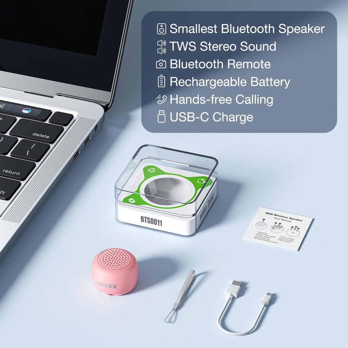 LEICEX pink speaker fits pocket or keychain for portability