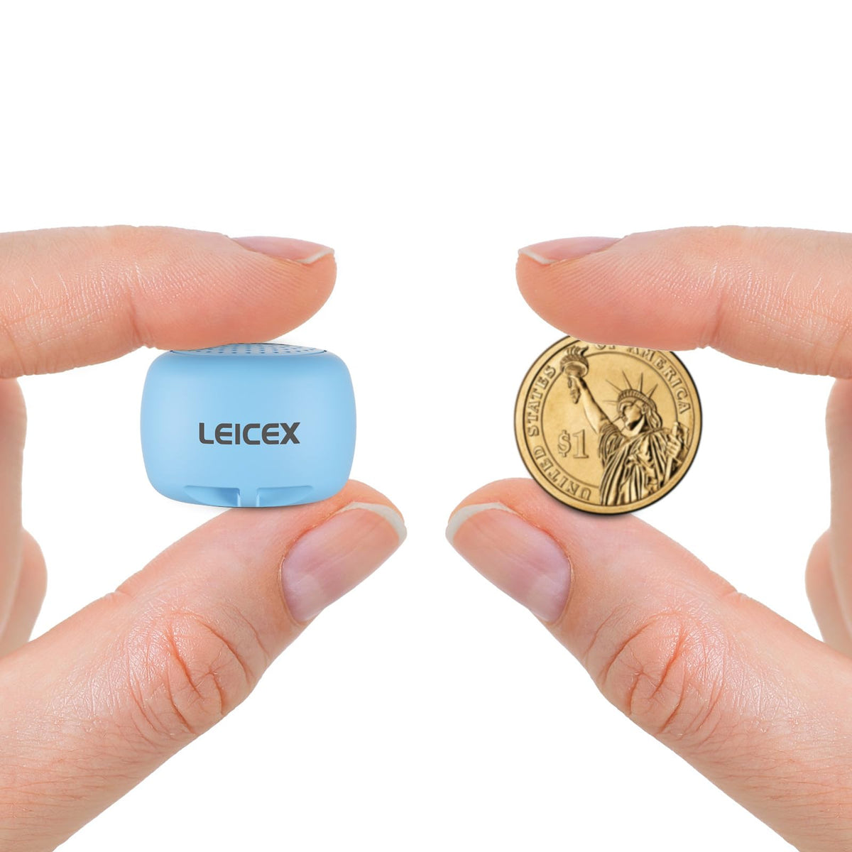LEICEX travel speaker in blue with compact, coin-sized design for travel