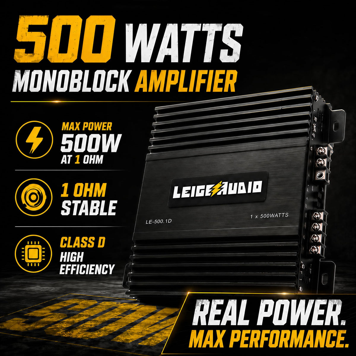 LEIGESAUDIO 1Ω stable graphic showing robust performance for heavy loads.
