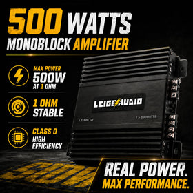 LEIGESAUDIO 1Ω stable graphic showing robust performance for heavy loads.