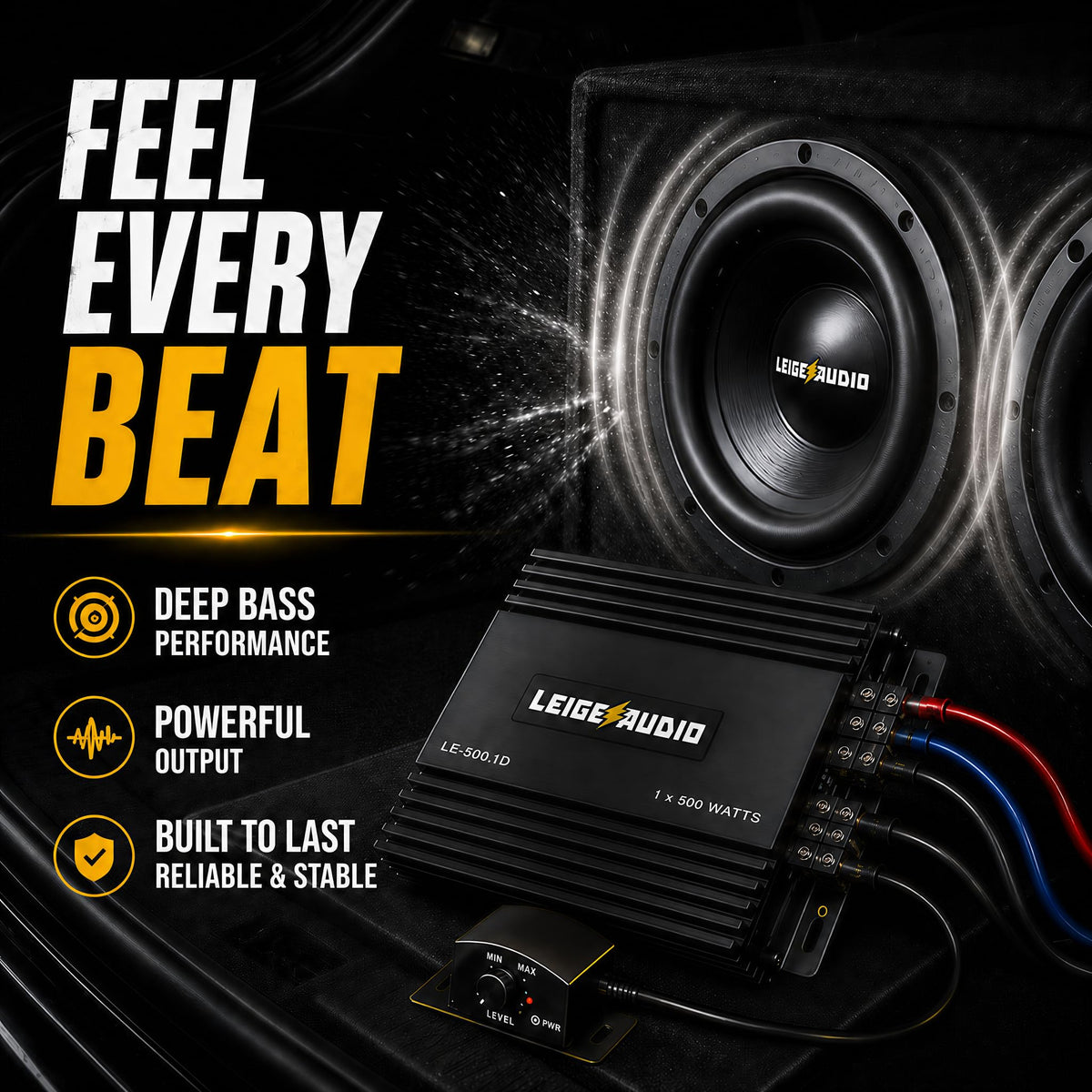 LEIGESAUDIO compact design dimensions fit under seats or trunks.