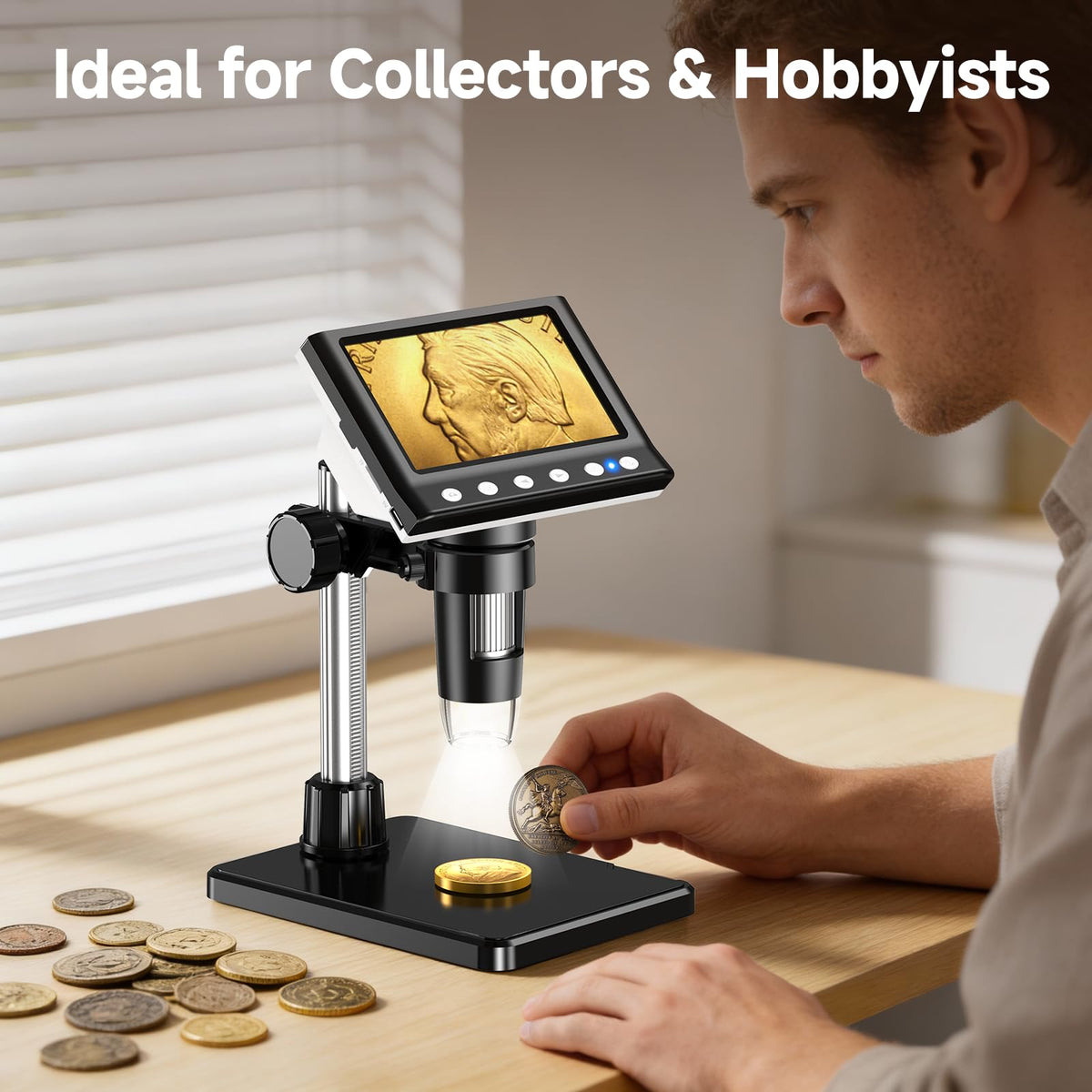 Leipan close-up of 4.3-inch IPS screen displaying high-resolution coin detail for accurate review