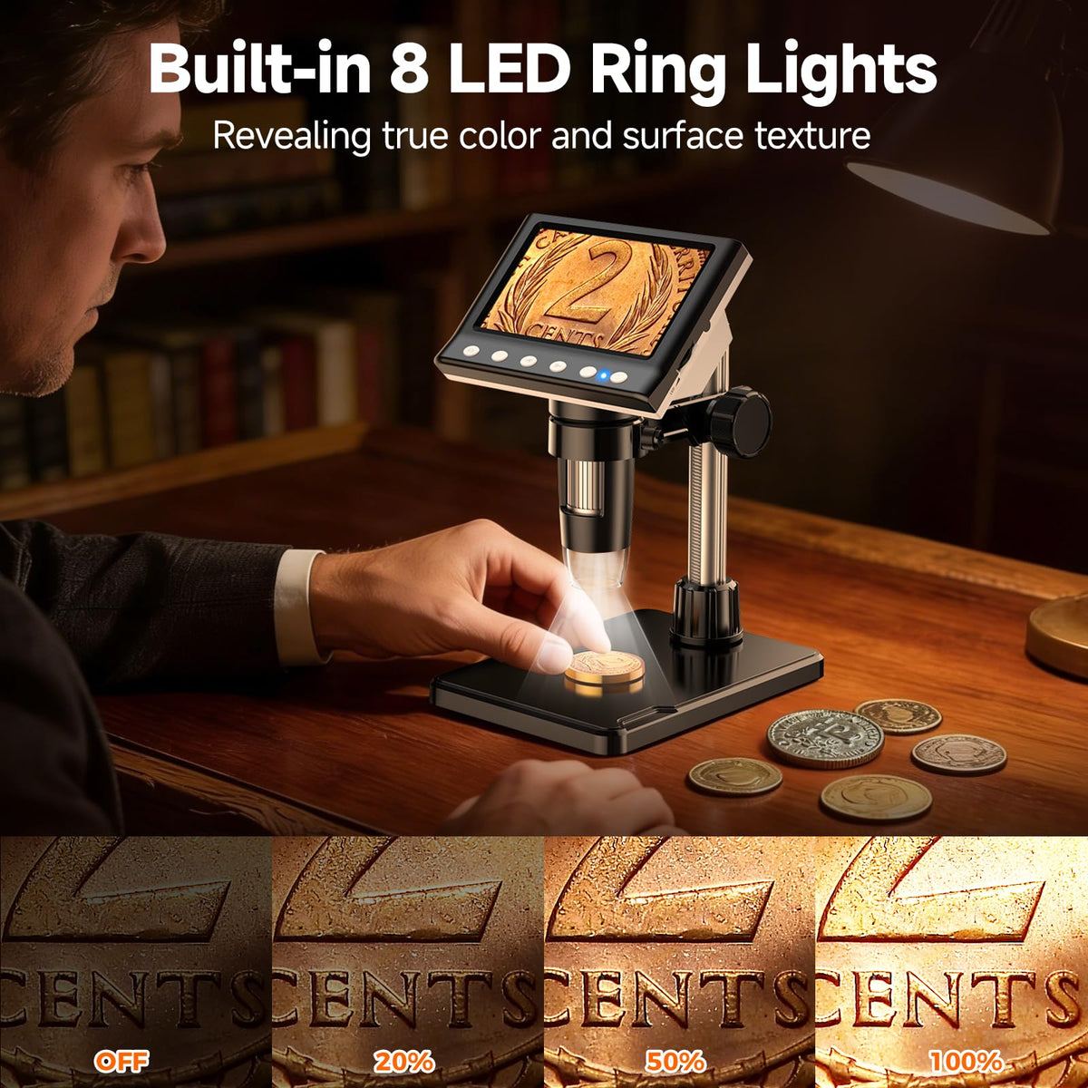 Leipan microscope with coin on stage demonstrating clear surface inspection and fine-grain capture