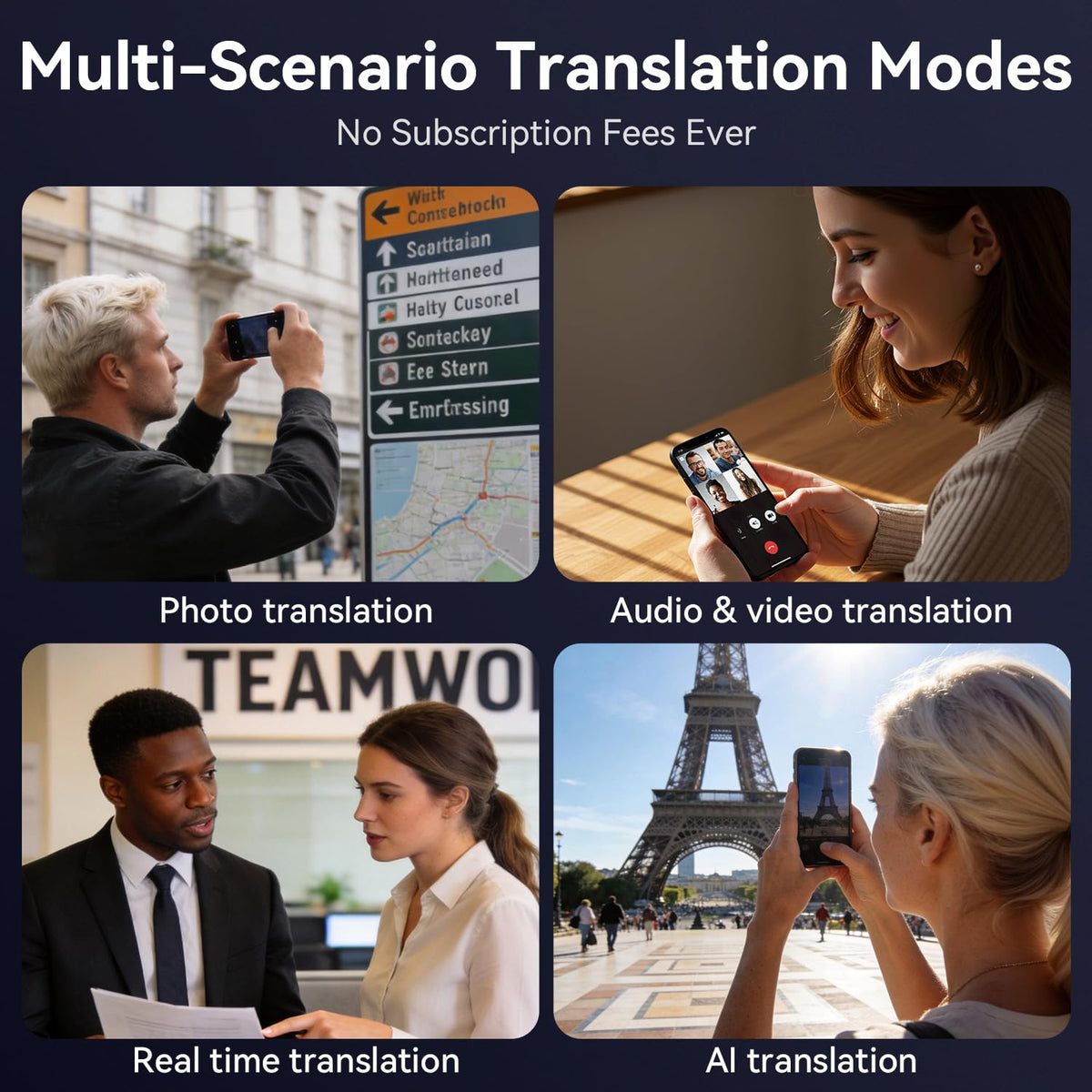 Person wearing Lemolf glasses using real-time translation benefit