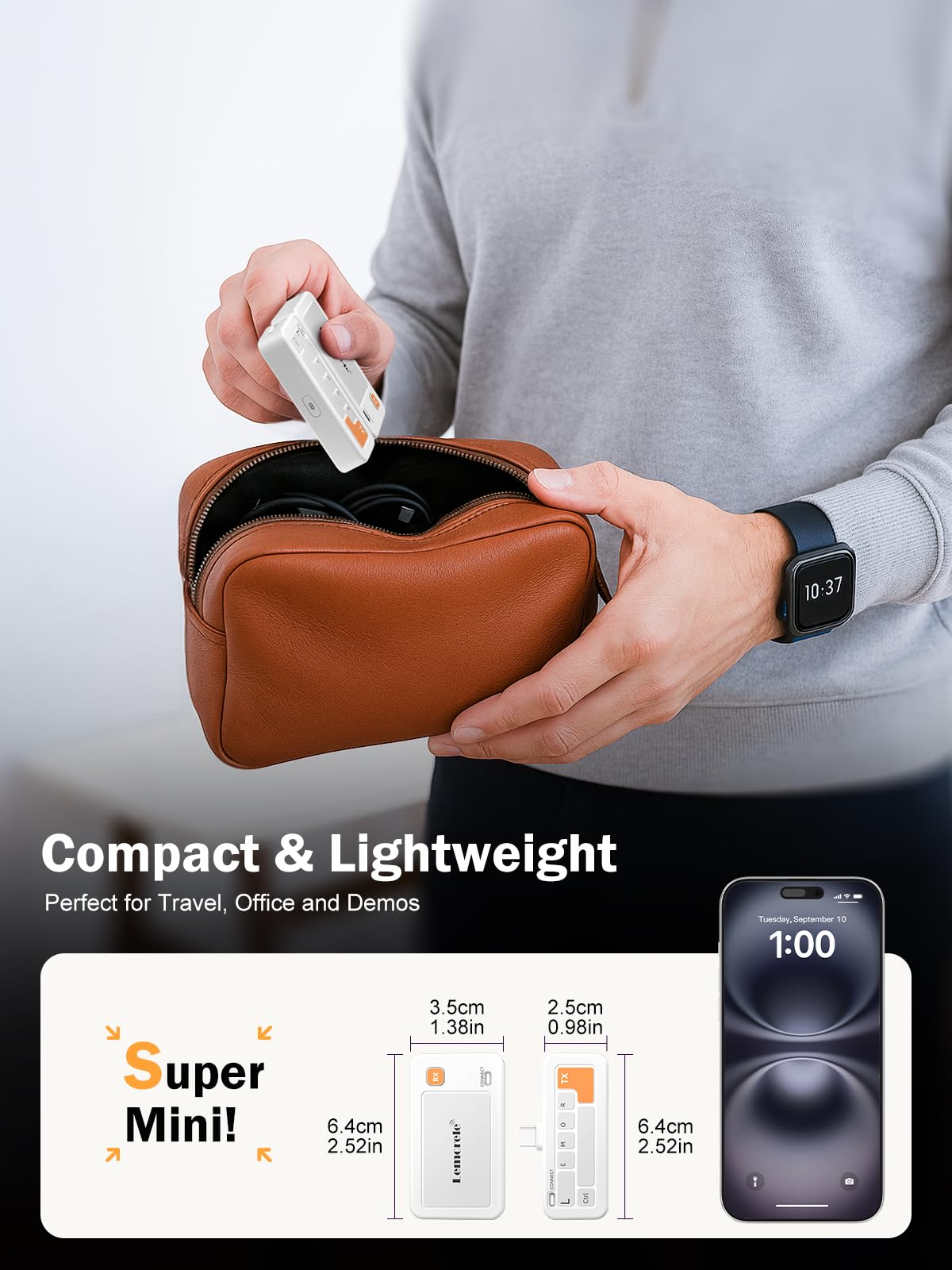 Lemorele packed in a laptop bag emphasizing easy transport for business trips