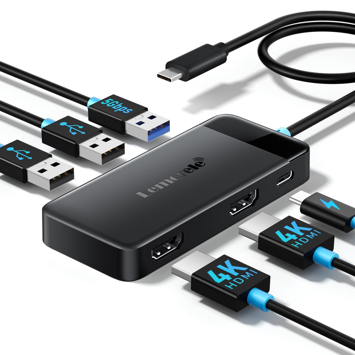 Lemorele docking station with dual-monitor setup for expanded workstation.