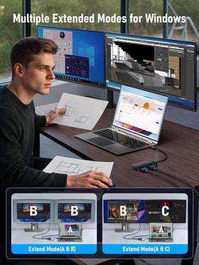 Lemorele docking station supports MacBook mirror and extended displays.
