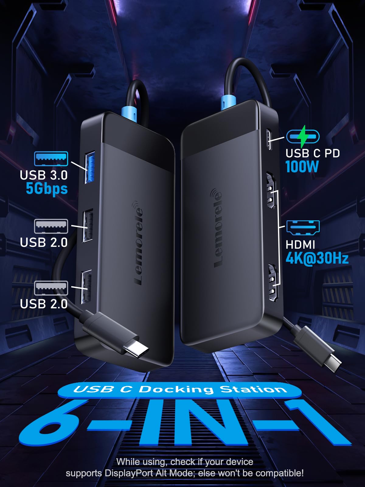 Lemorele docking station dual HDMI outputs for crisp video across screens.