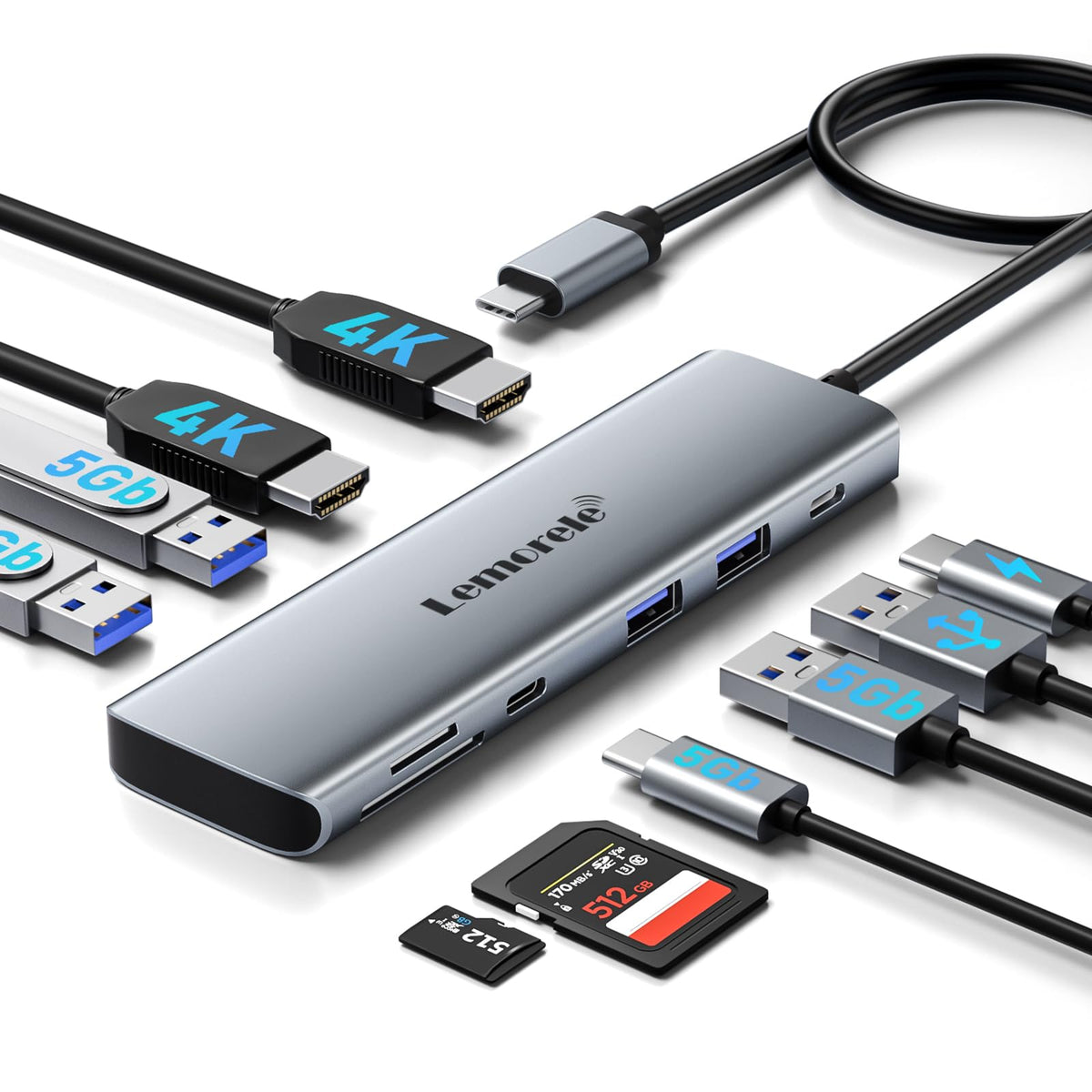 Lemorele front view of docking station showing all ports for streamlined workspace