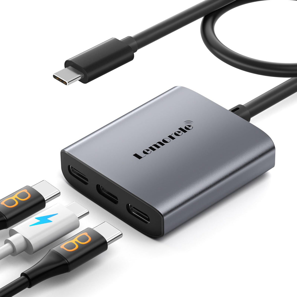 Lemorele front view of hub showing dual USB-C outputs and PD port for productive expansion
