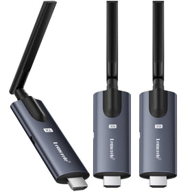 Lemorele transmitter connected to a laptop for wireless HDMI setup.