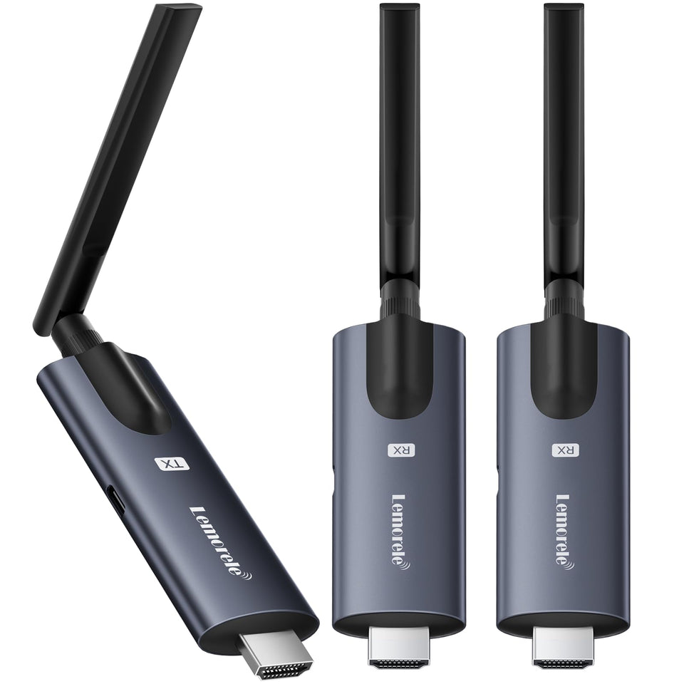 Lemorele transmitter connected to a laptop for wireless HDMI setup.