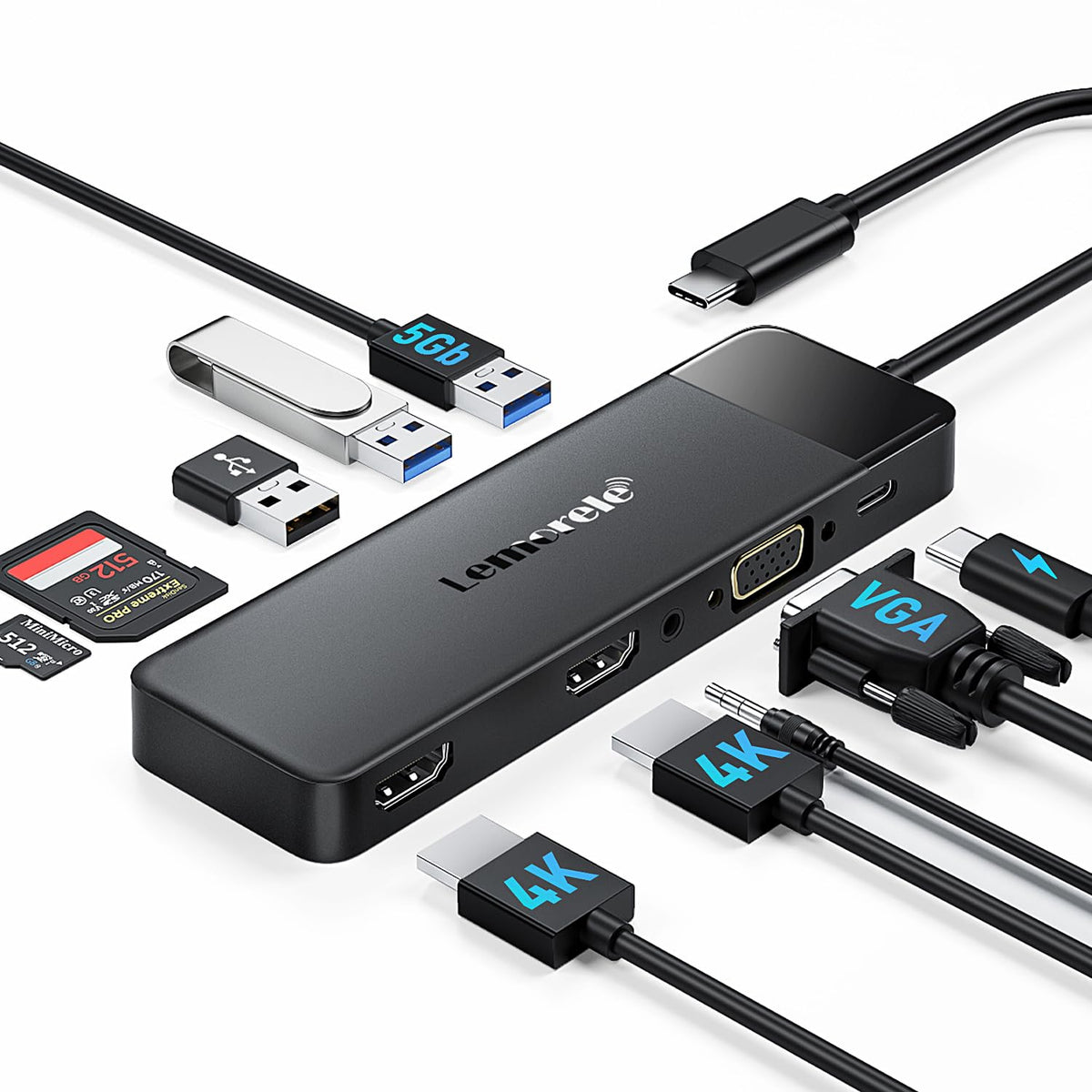 Lemorele USB-C docking station on desk enabling a dual-monitor setup for productivity