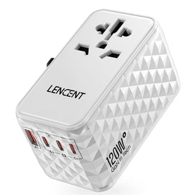 LENCENT 120W travel adapter front view shows universal compatibility for worldwide charging.